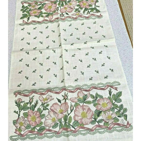 Vintage 1990's linen tea towel unsigned 26" x 16" retro floral flowers motif - Picture 4 of 4